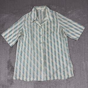 Vintage 70s Geometric Button Up Shirt Short Sleeve Size L Cream Brown Green Blue